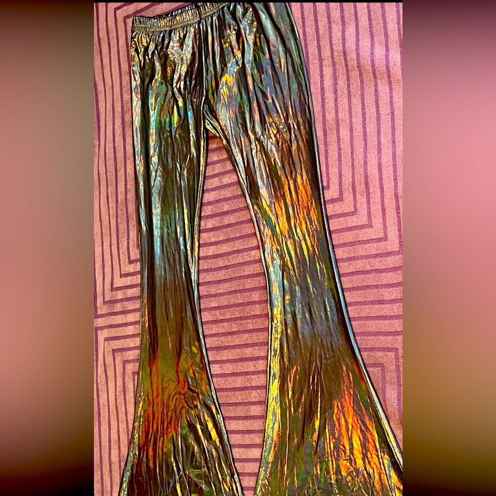 Dolls Kill Current Mood Holographic Stretchy Bell Bottoms